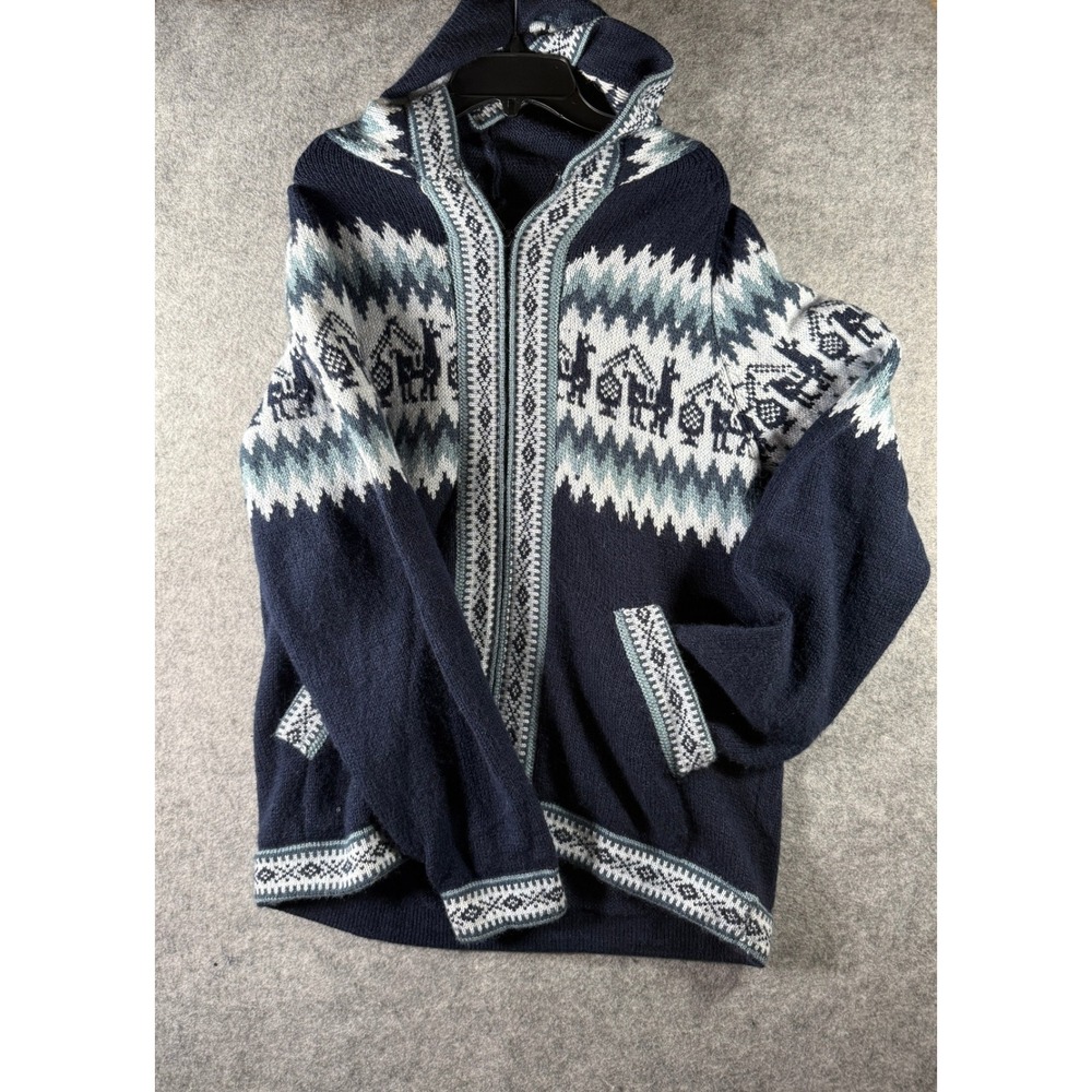 Handmade Llama Alpaca Fair Isle Full Zip Hooded Sweater Navy Blue Mens Large